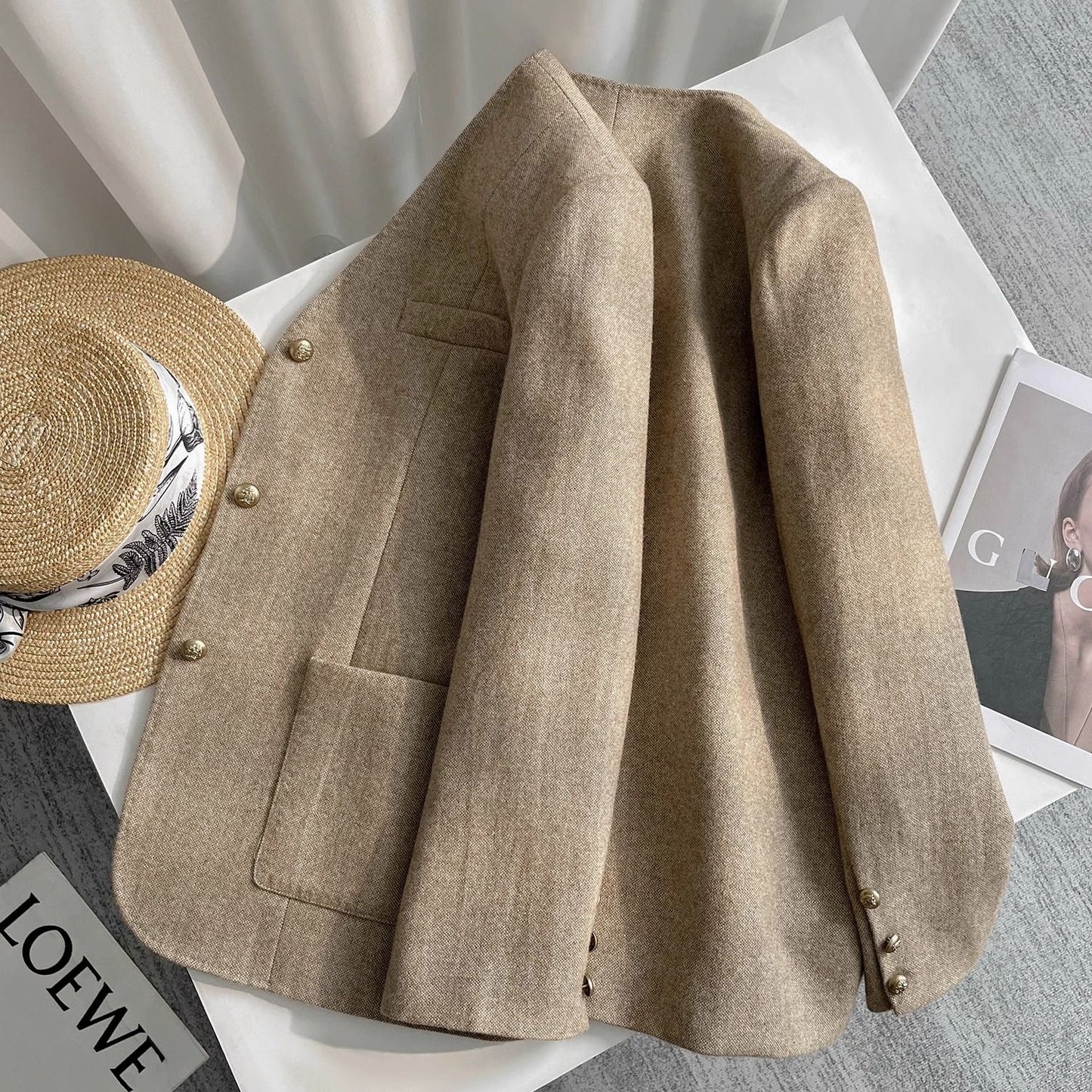 Elegant V-Neck Beige Blazer