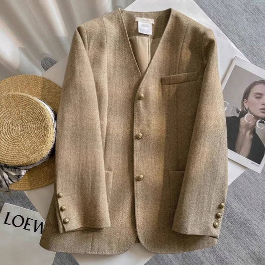 Elegant V-Neck Beige Blazer