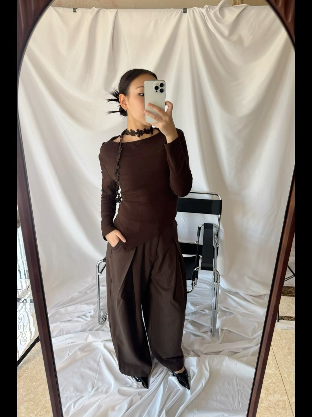 Long Sleeve Top with Floral Choker