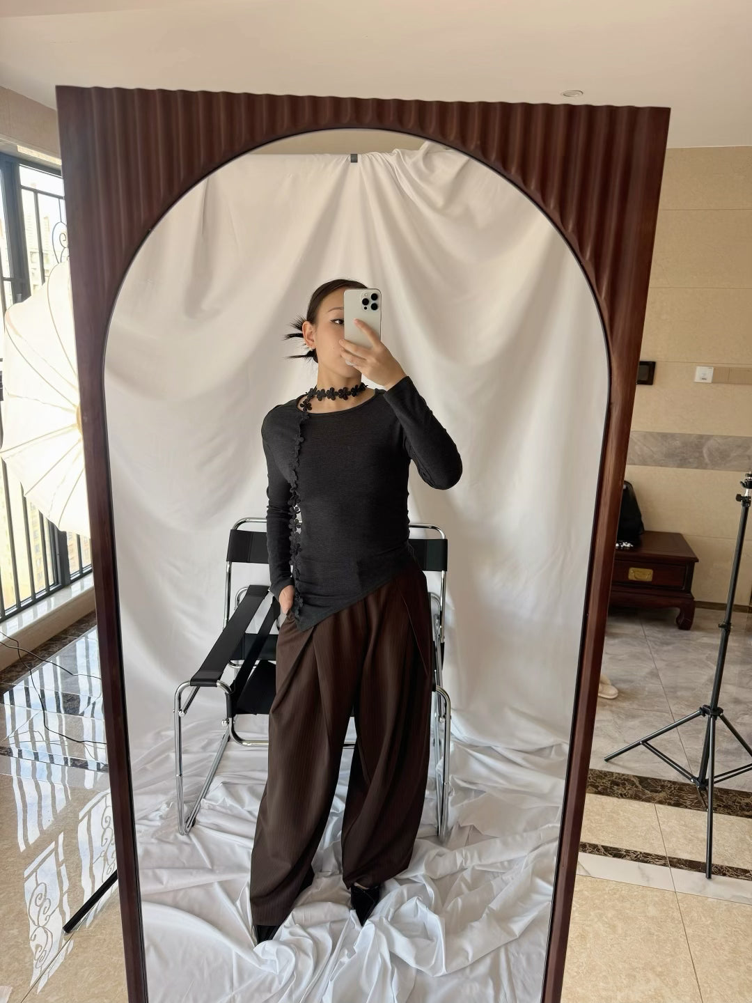 Long Sleeve Top with Floral Choker