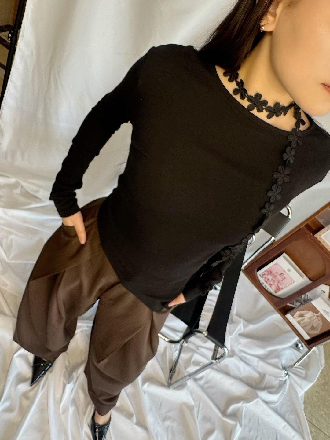 Long Sleeve Top with Floral Choker